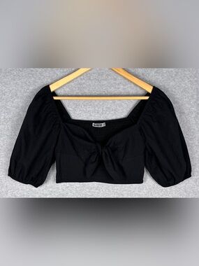 Kikula Black Puff Sleeve Tie Front Crop Top Womens Small Smocked Cottagecore